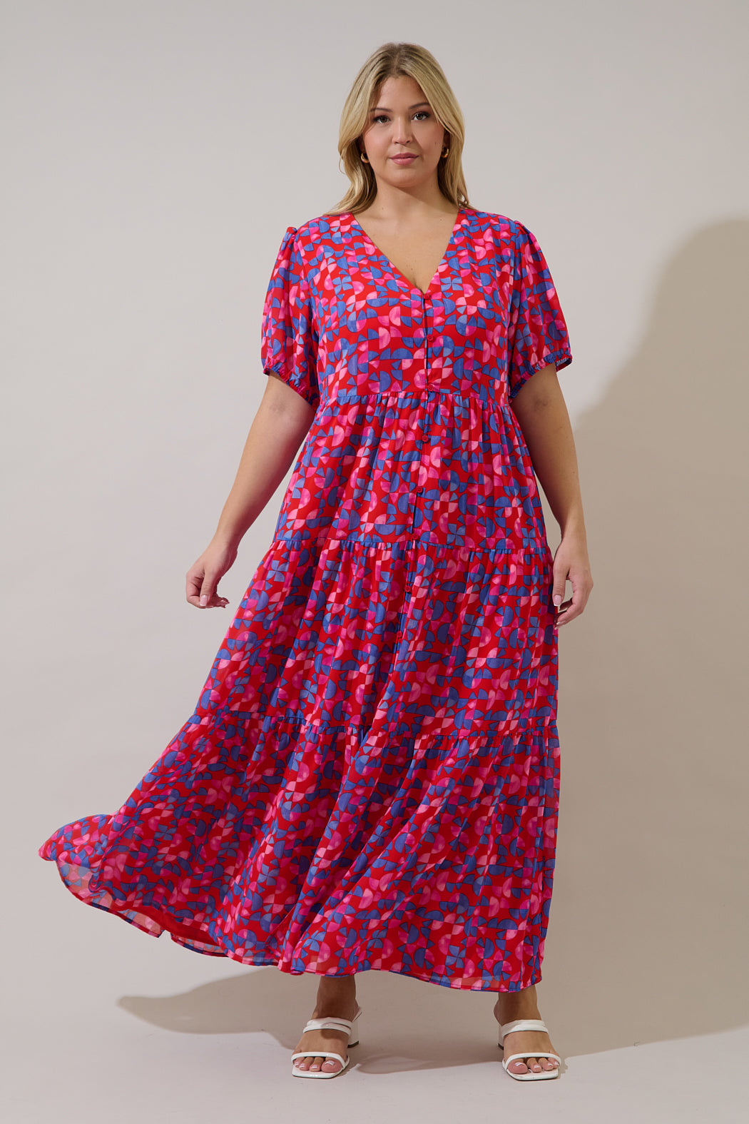 Tiered Maxi Dress Averly Geo Curve RED-PINK-MULTI / 2X