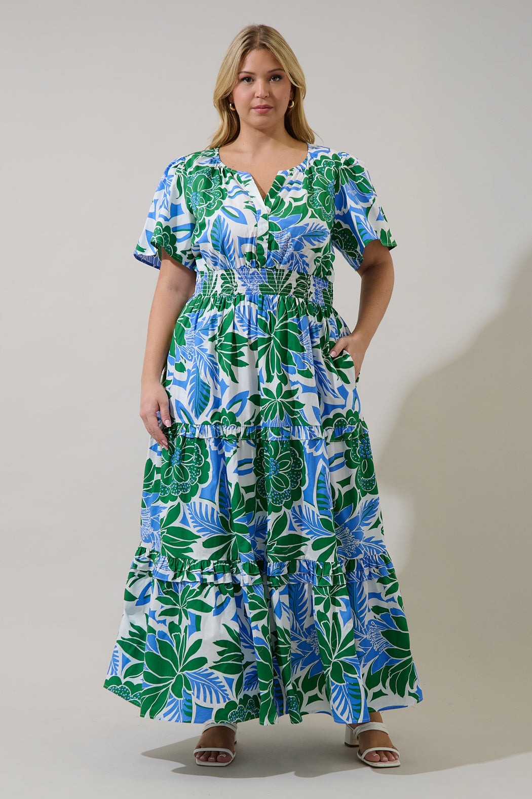 tiered maxi dress plus size Palmer Poplin Tiered Maxi Dress Diviny Tropical Curve BLUE-GRN / 3X by Sugarlips