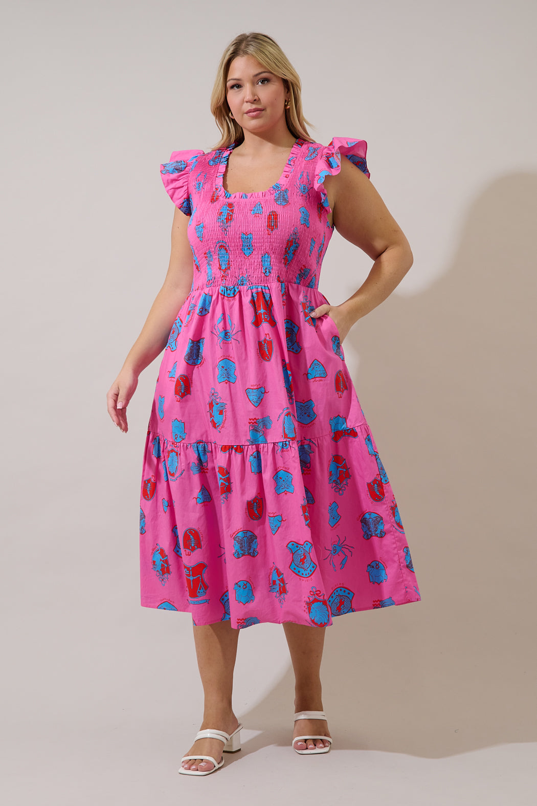 Glare Smock Tiered Midi Dress Zodiac Curve PINK-MUL / 1X by Sugarlips Glare Smock Tiered Midi Dress Zodiac Curve PINK-MUL / 1X by Sugarlips