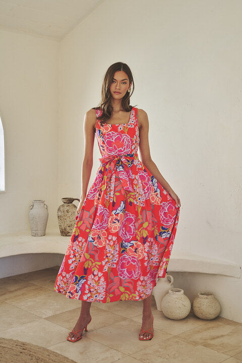 Rayen Sleeveless Midi Dress Dercy Floral ORG-MULTI / XS