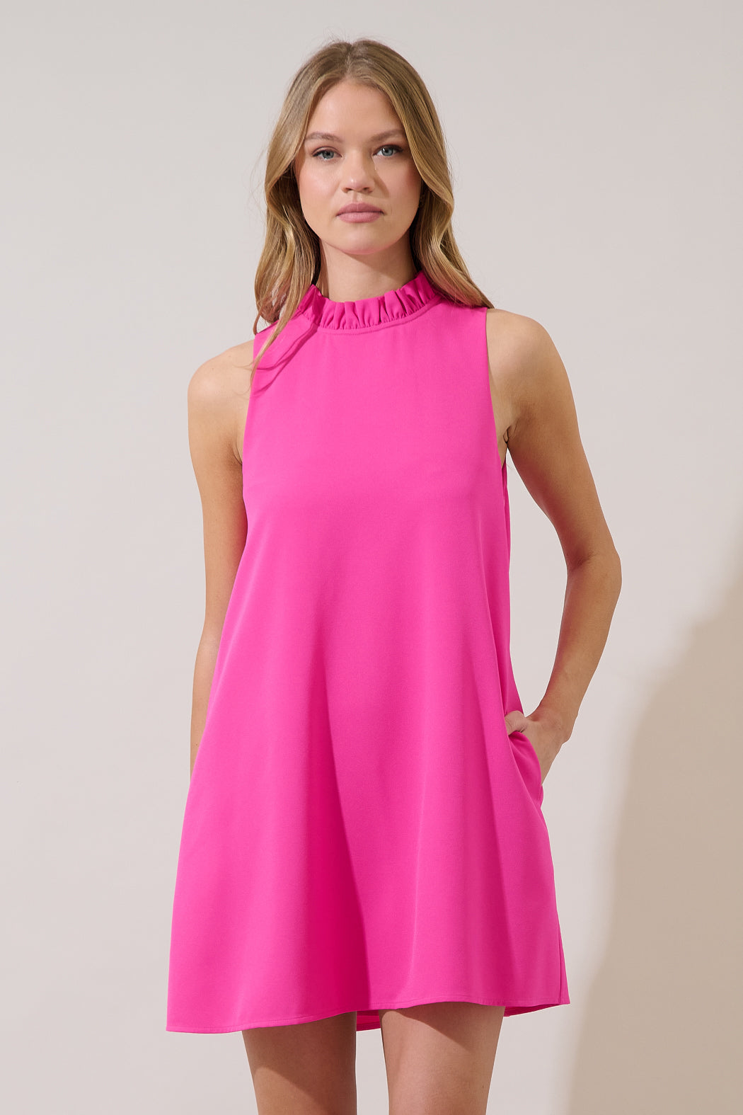 Benson Trapeze Mock Neck Mini Dress NEON-FUSCHIA / L by Sugarlips Benson Trapeze Mock Neck Mini Dress NEON-FUSCHIA / L by Sugarlips