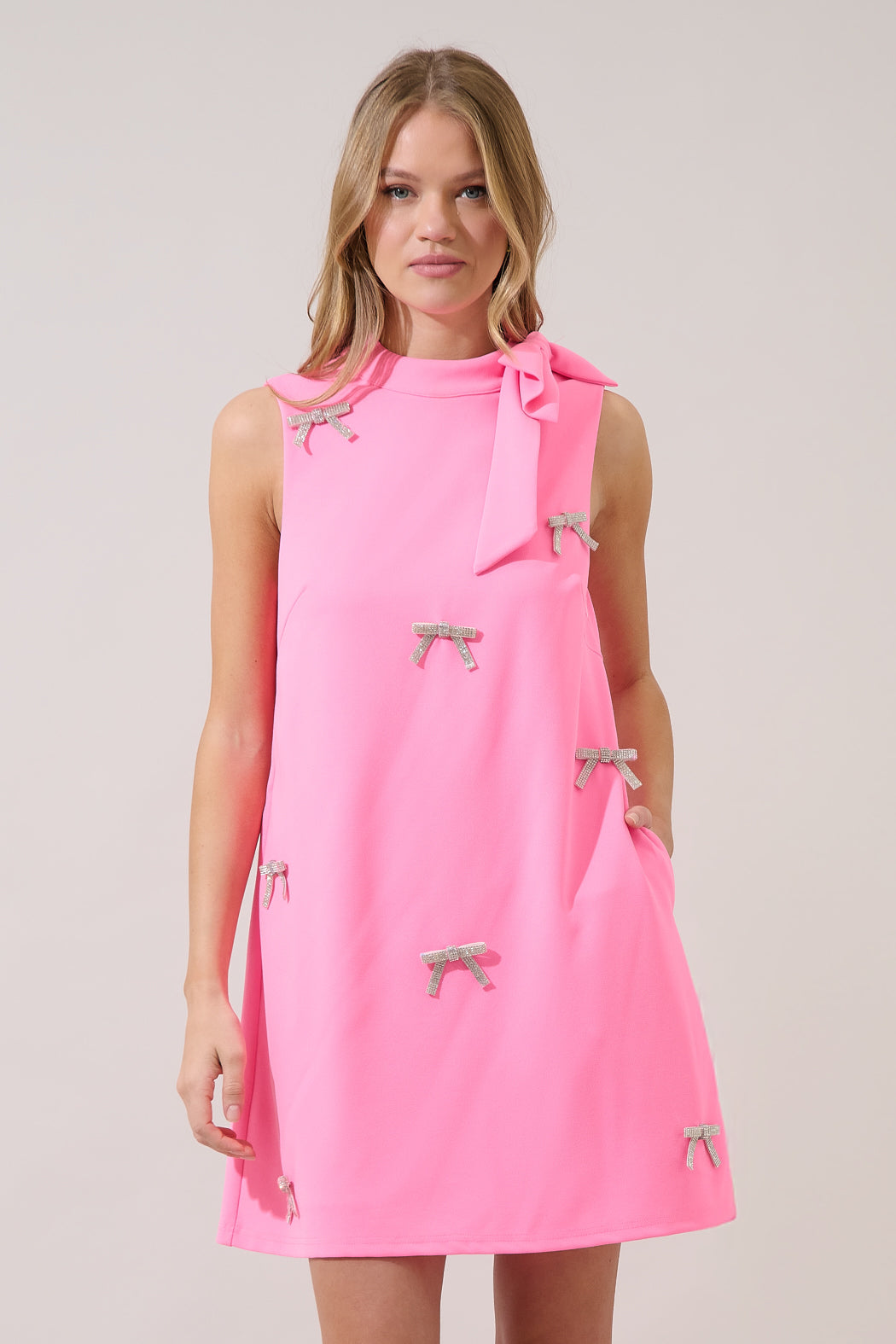 pink shift mini dress Women's Pink Woven Button Detail Shift Mini Dress