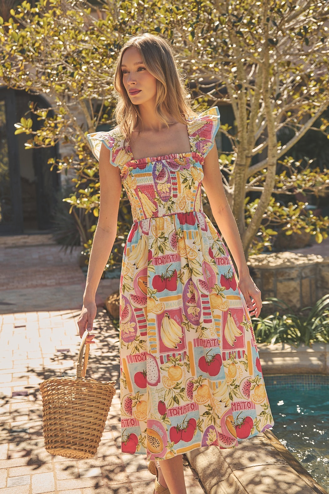 Urbina Smocked Midi Dress Farmers Market IVORY-MULT / L