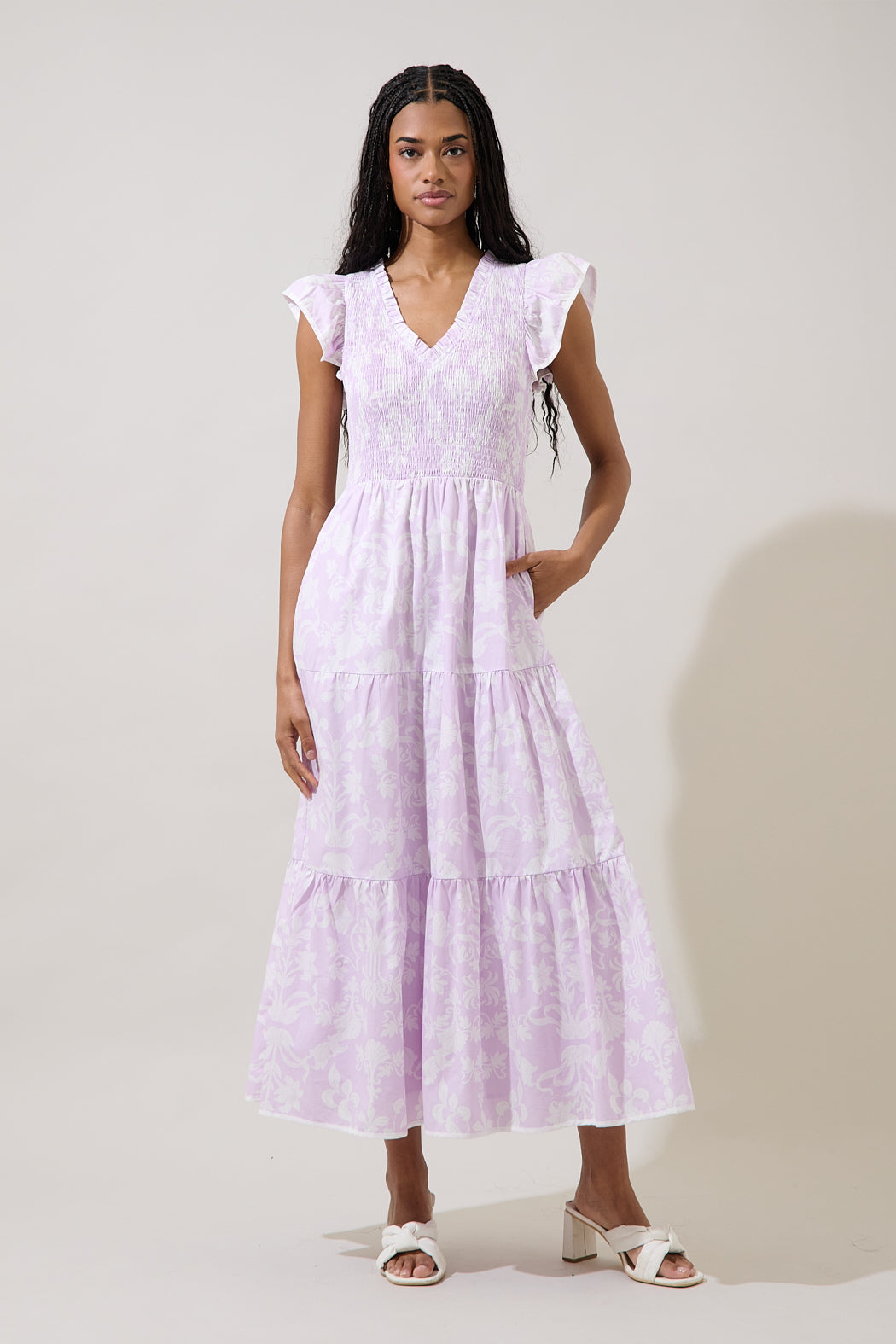 midi lavender tiered floral dress Lavender Floral Midi Dress S