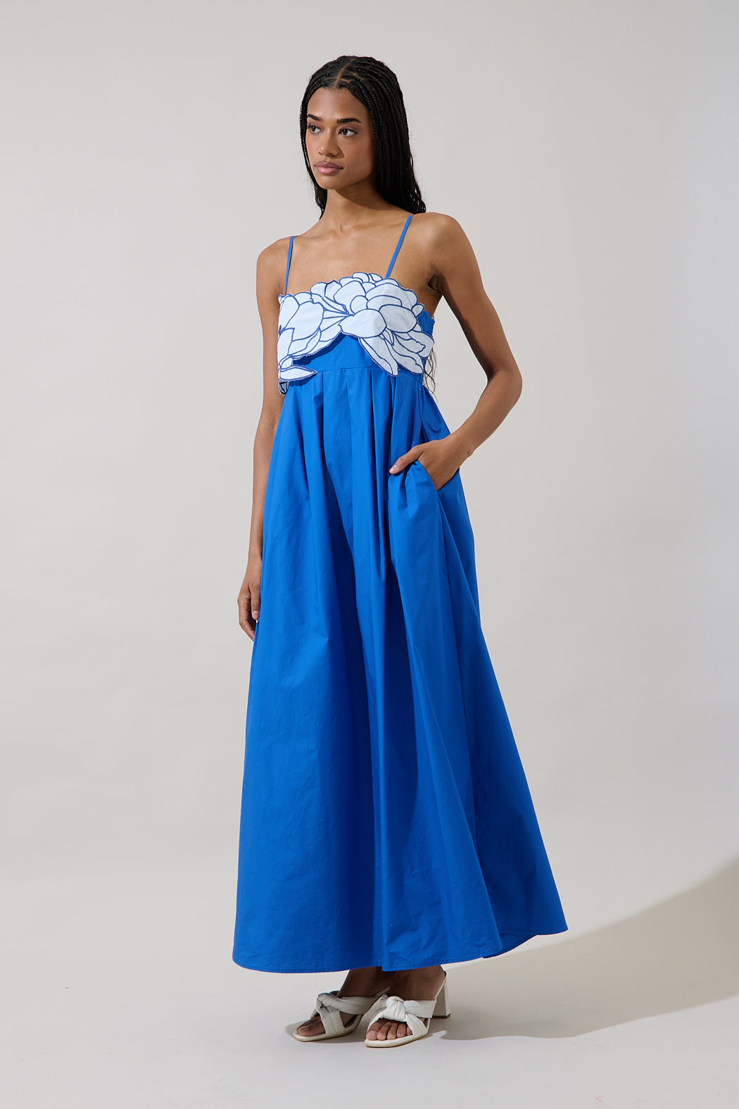 Kalani Floral Embroidery Pleated Maxi Dress NAVY / L by Sugarlips Kalani Floral Embroidery Pleated Maxi Dress NAVY / L by Sugarlips