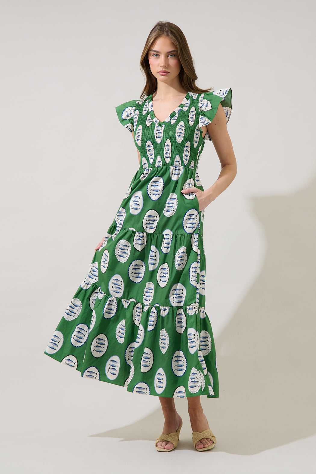 Sugarlips Tropical Sunfire Printed V-Neck Sleeveless Tiered A-Line Maxi Dress, Womens, S, Green/Cream Sugarlips Tropical Sunfire Printed V-Neck Sleeveless Tiered A-Line Maxi Dress, Womens, S, Green/Cream