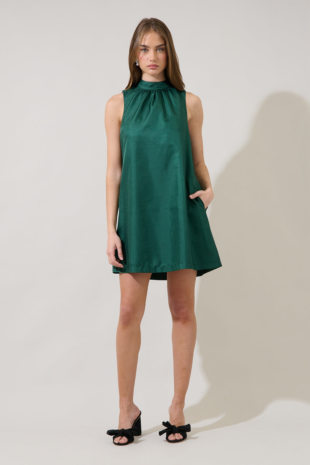 satin trapeze mini dress Satin Bow Shoulder Trapeze Mini Dress