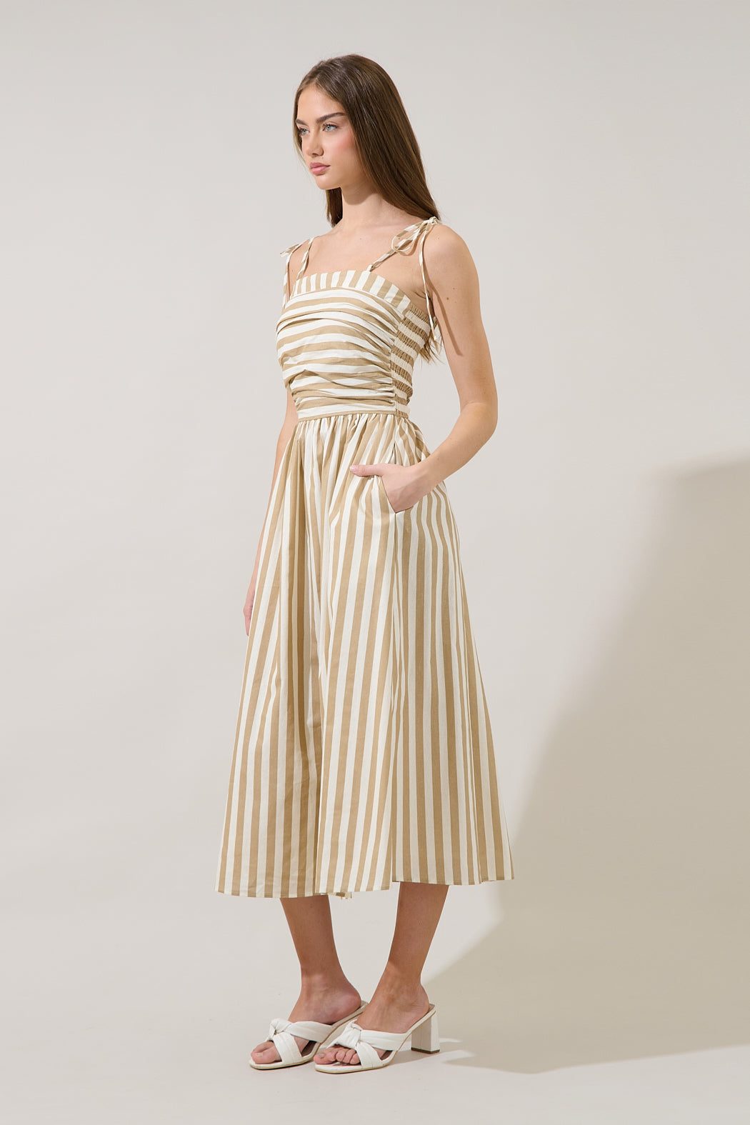 Evelina Ruched Midi Dress Lasha Stripe OATMEAL-CREAM / L