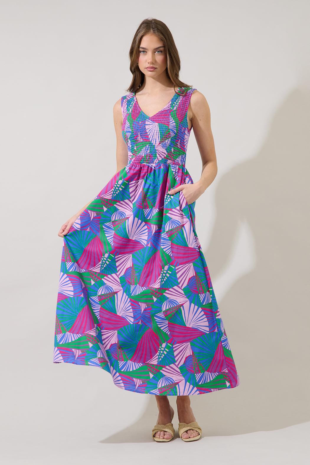 Merisa Sleeveless Smocked Midi Dress Tropical GRN-BLUE-PINK / XL