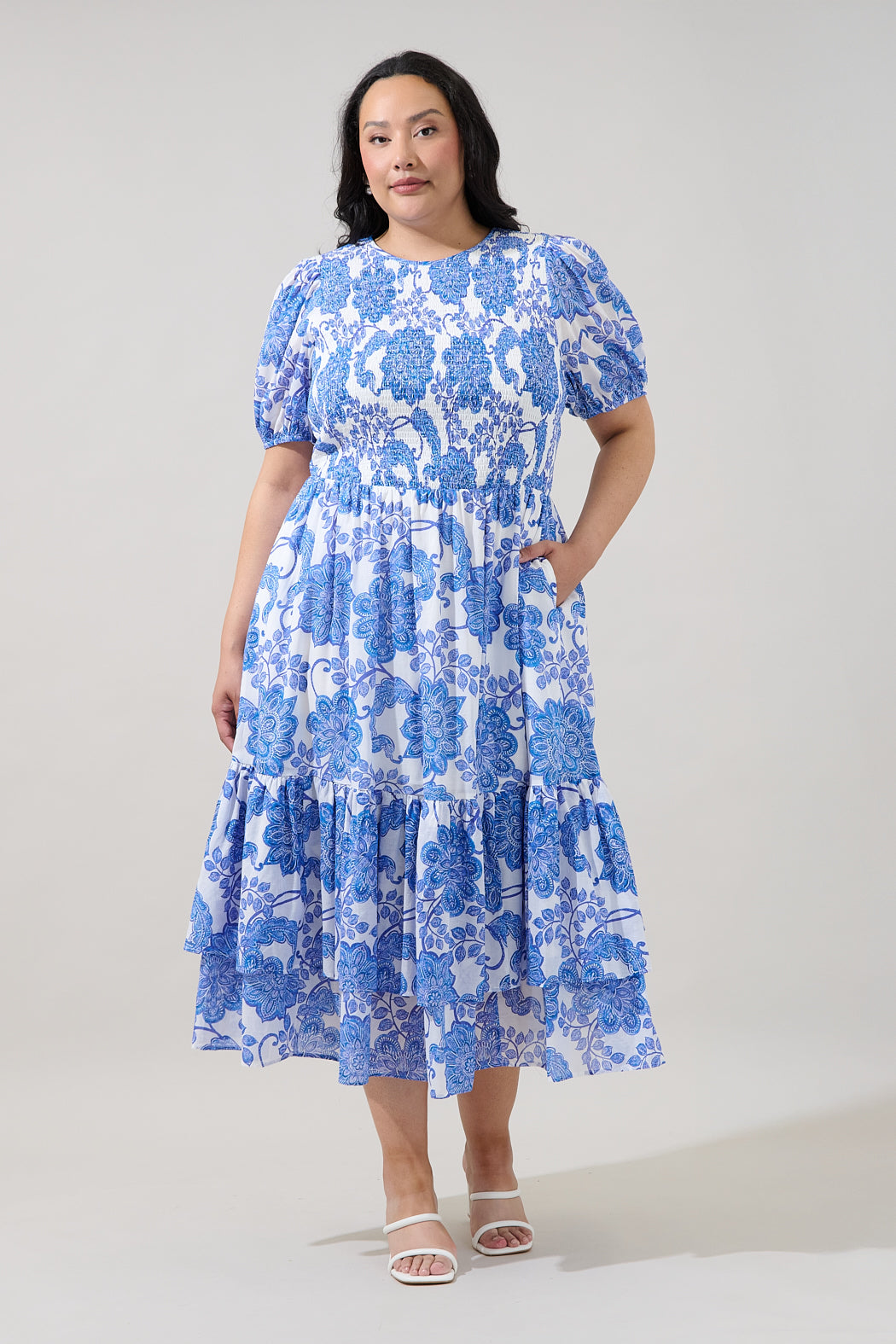 Aruba Smocked Midi Dress Floral Curve WHITE-BLUE-MUL / 3X by Sugarlips Aruba Smocked Midi Dress Floral Curve WHITE-BLUE-MUL / 3X by Sugarlips