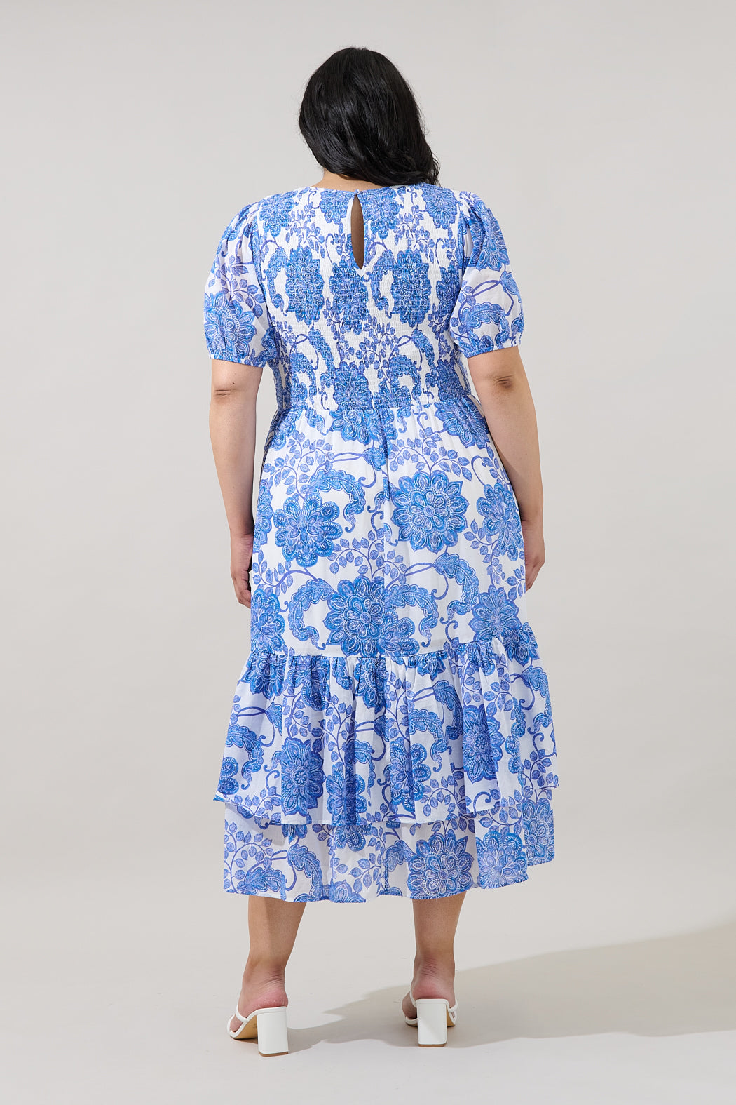 Aruba Smocked Midi Dress Floral Curve WHITE-BLUE-MUL / 3X by Sugarlips