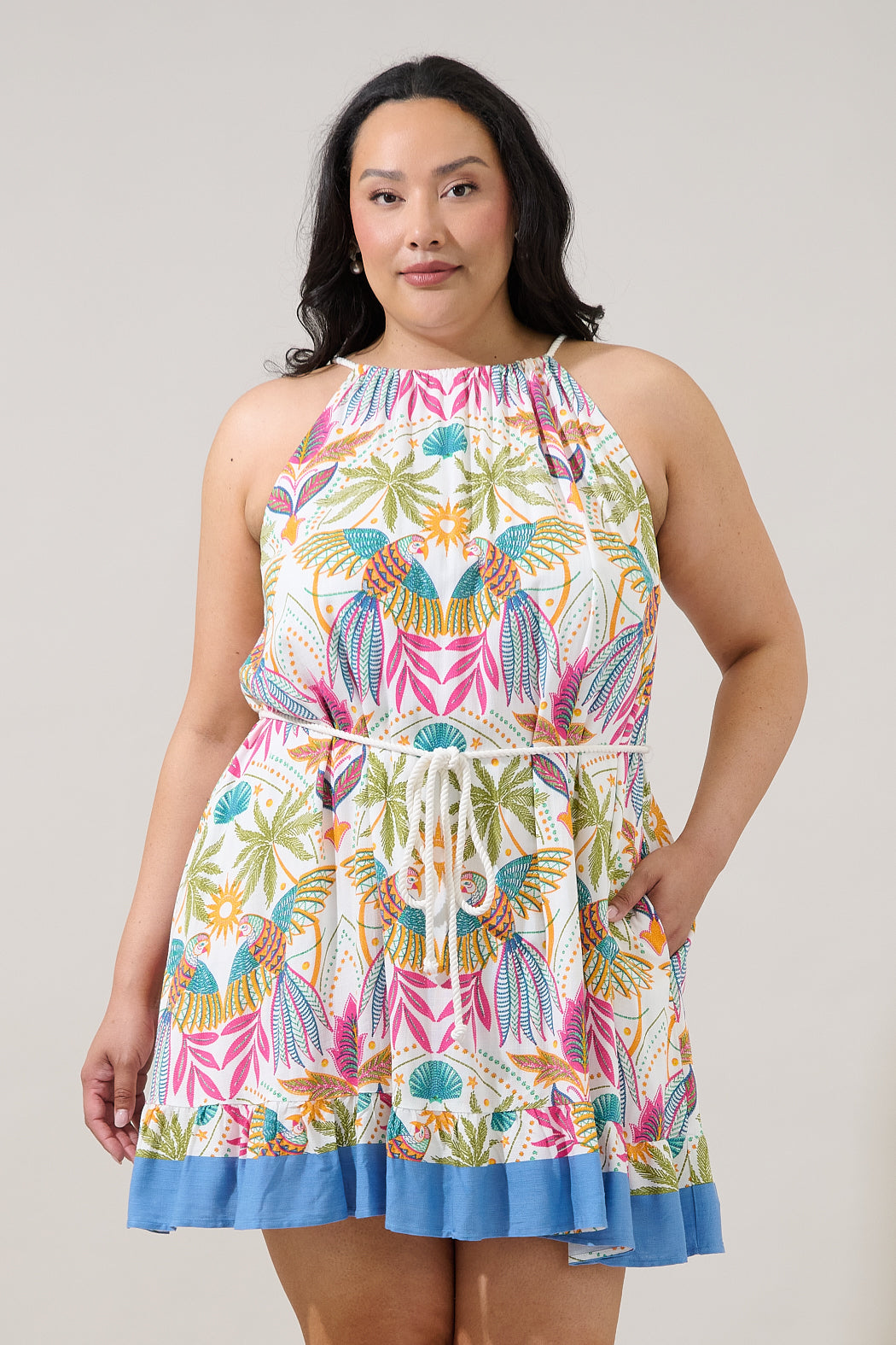 Malena Halter Ruffle Mini Dress Tropical Curve WHT-MUL / 1X by Sugarlips Malena Halter Ruffle Mini Dress Tropical Curve WHT-MUL / 1X by Sugarlips