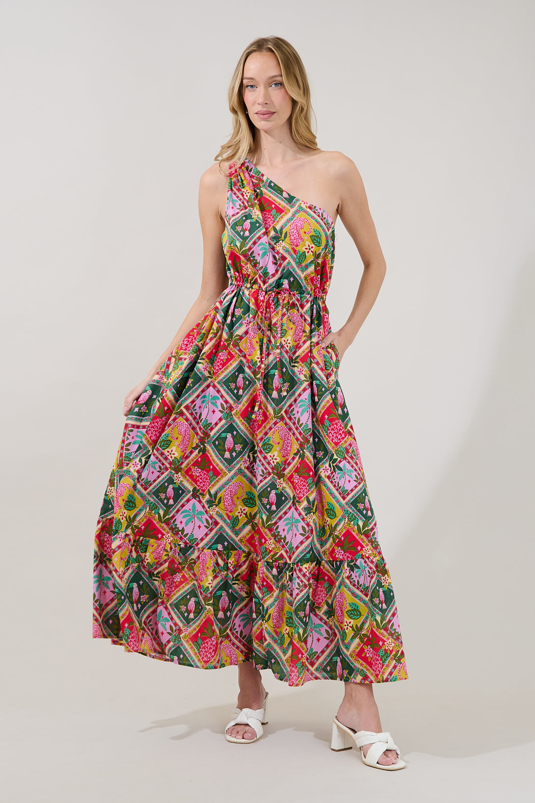 tropical formal dress Green tropical print one shoulder formal dress, leaves print one shoulder formal dress, beach wedding formal dress, formal dress boutique Miami, prom