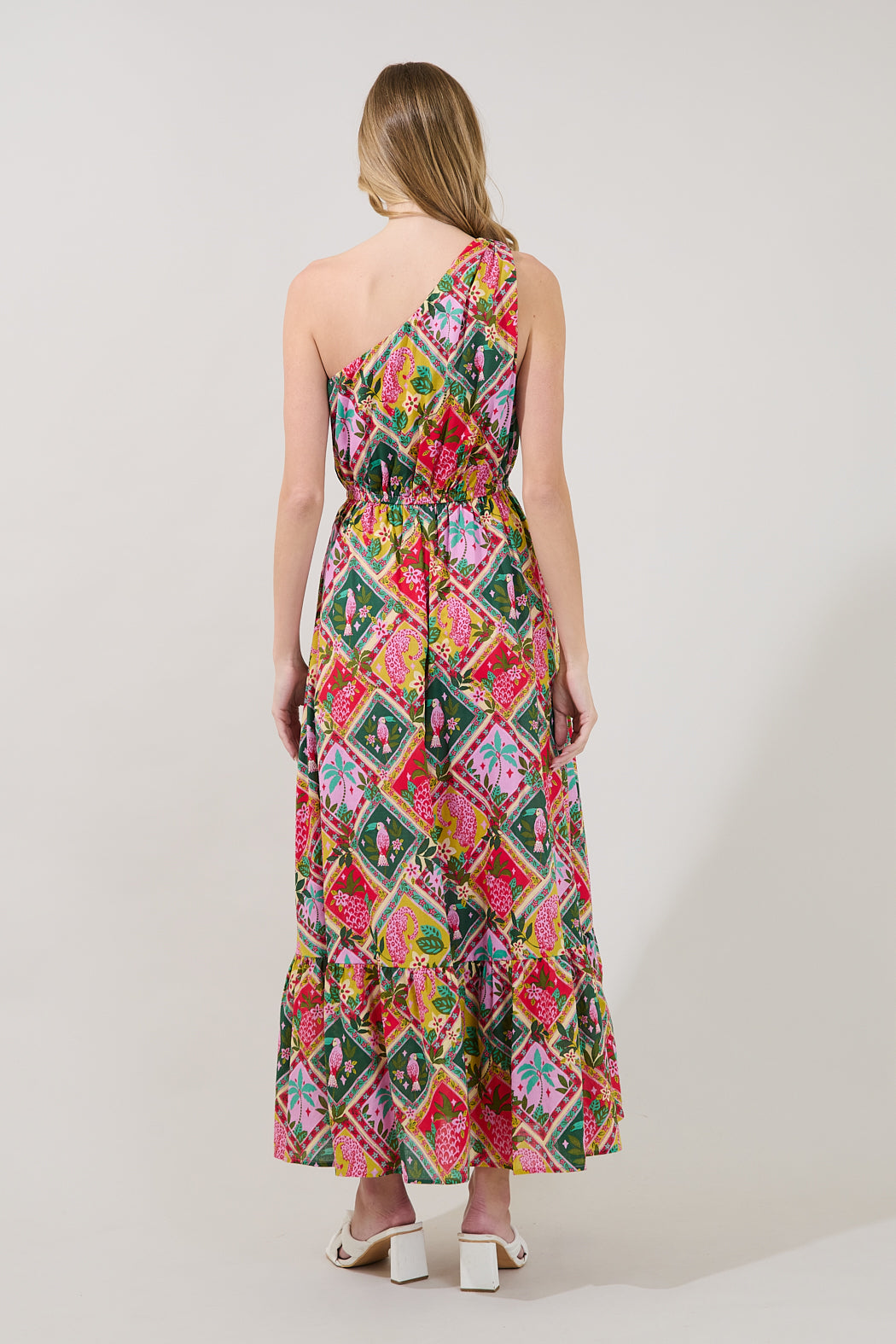 Elya One Shoulder Maxi Dress Tropical GREEN-PINK-CORAL / XL