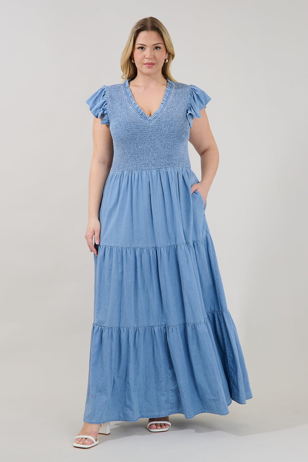 Cierra Denim Sunfire Smocked Bodice Tiered Midi Dress Curve LT-DENIM / 3X