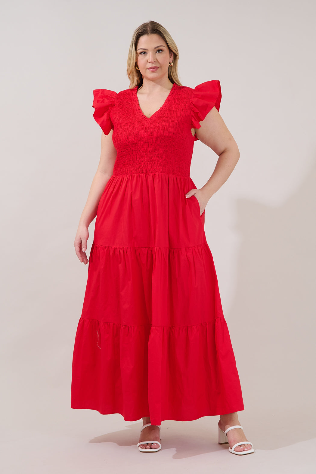 curve formal dresses Sunfire Smocked Bodice Tiered Midi Dress Curve RED / 2X by Sugarlips