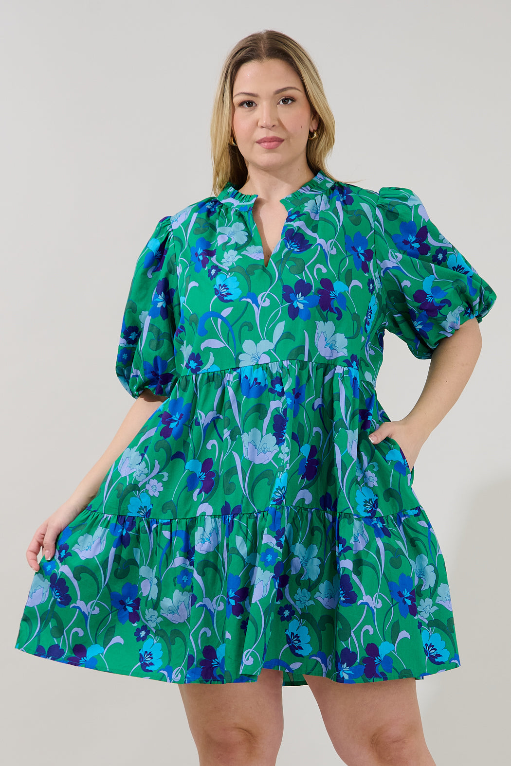 Jacey Babydoll Mini Dress Lomeli Floral Curve KELLY-BLUES-MUL / 1X