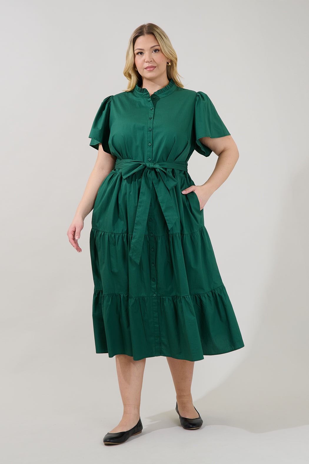 Bellucci Poplin Button Front Tiered Midi Dress Curve EMERALD / 2X by Sugarlips Bellucci Poplin Button Front Tiered Midi Dress Curve EMERALD / 2X by Sugarlips