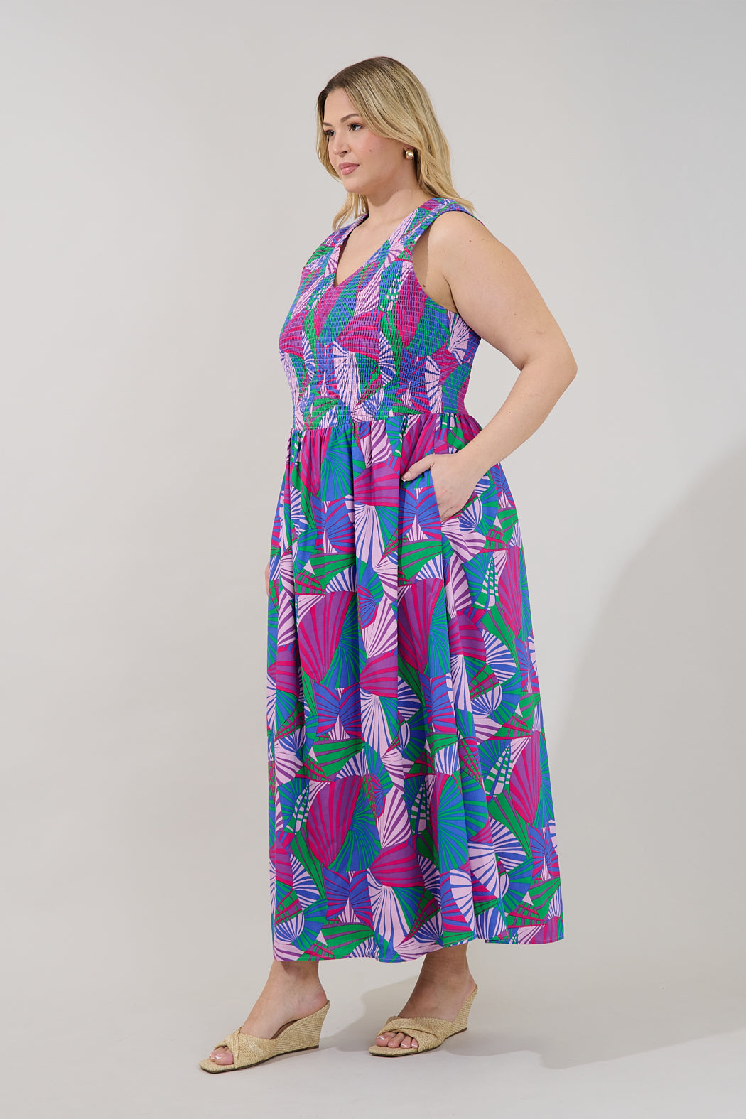 Merisa Sleeveless Smocked Midi Dress Tropical Curve GRN-BLUE-PINK / 3X