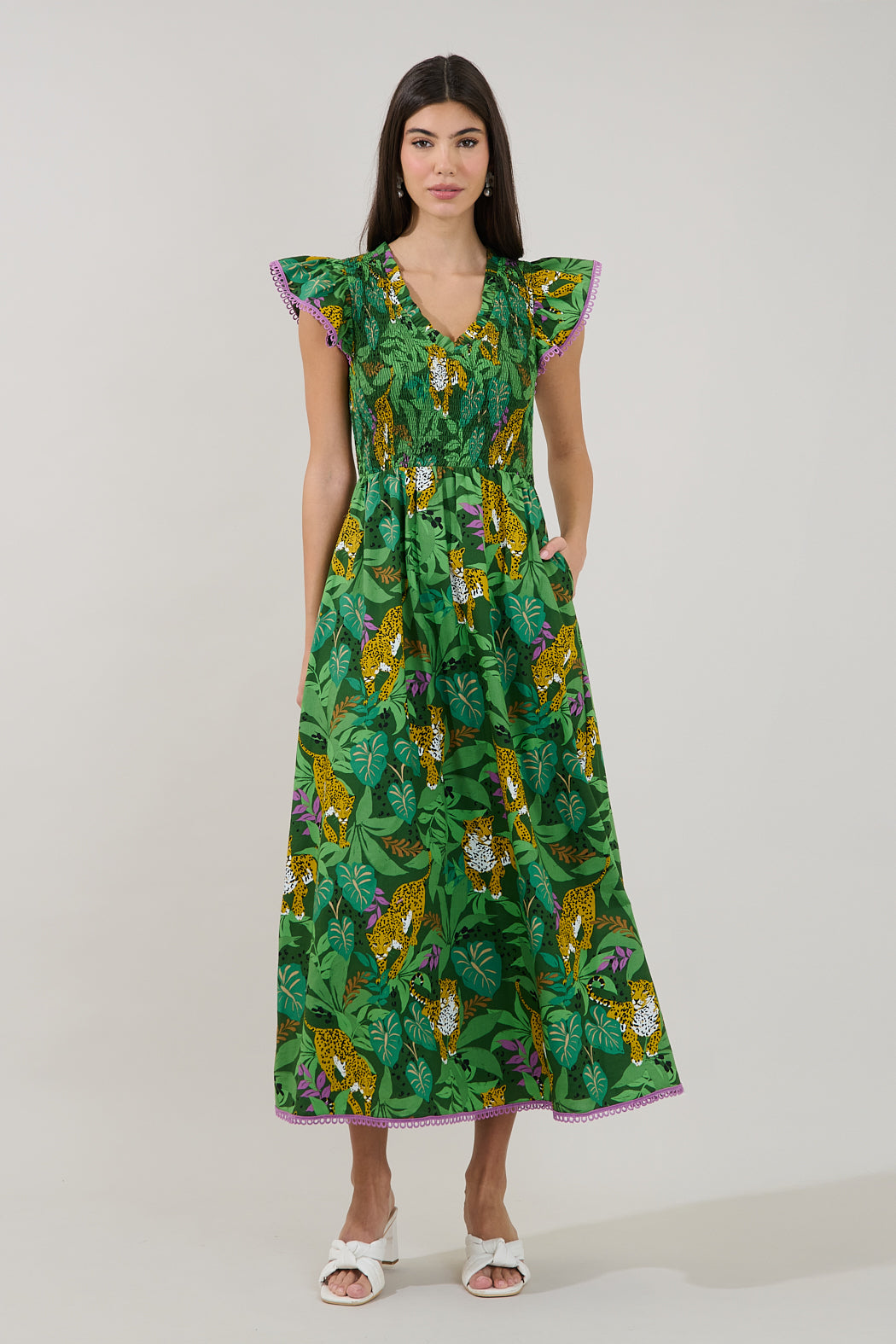 Merlin Smocked Midi Dress Tropical GREEN-MULT / M by Sugarlips