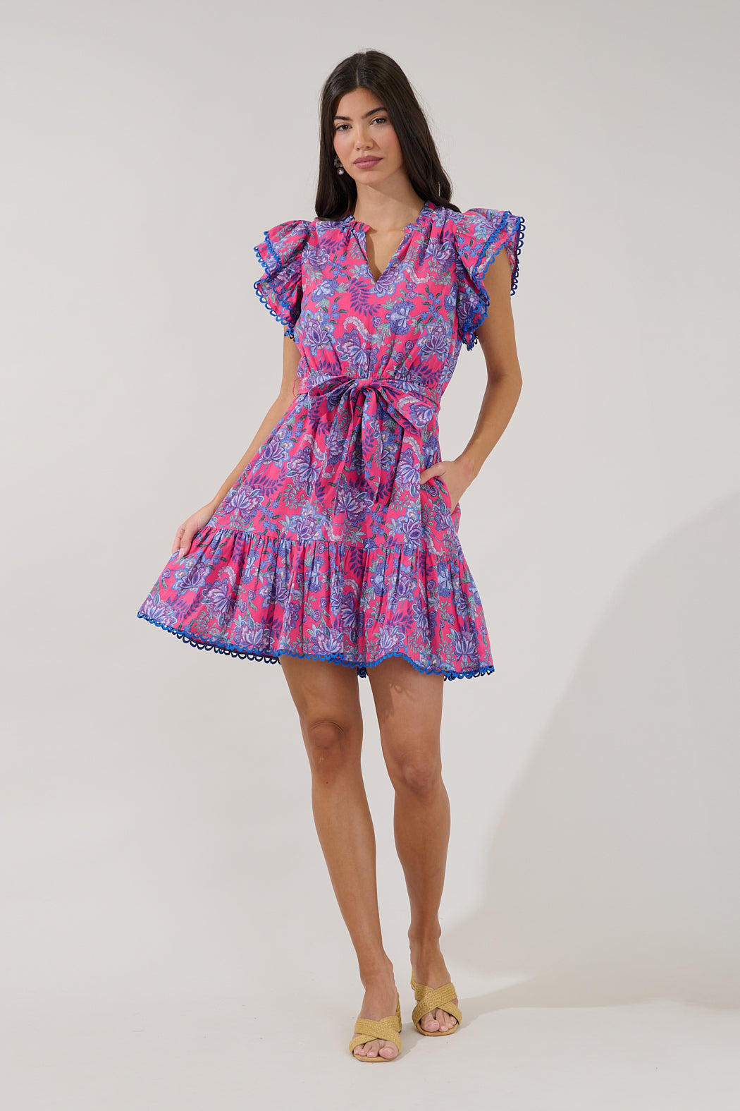 casual ruffle mini dress Women Ruffle Mini Dress V Neck Puff Lantern Sleeve Casual Loose Flowy Swing Tiered Short Dress