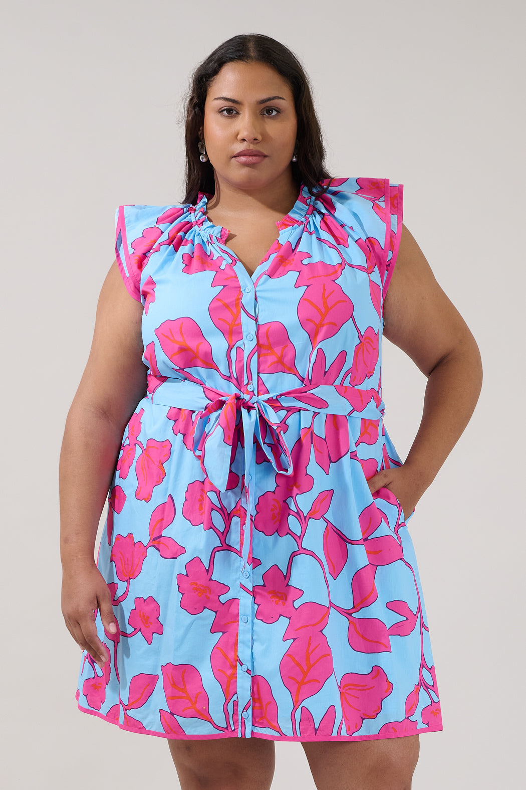 Olera Ruffle Mini Dress Floral Curve BABY BLUE-PINK / 3X by Sugarlips