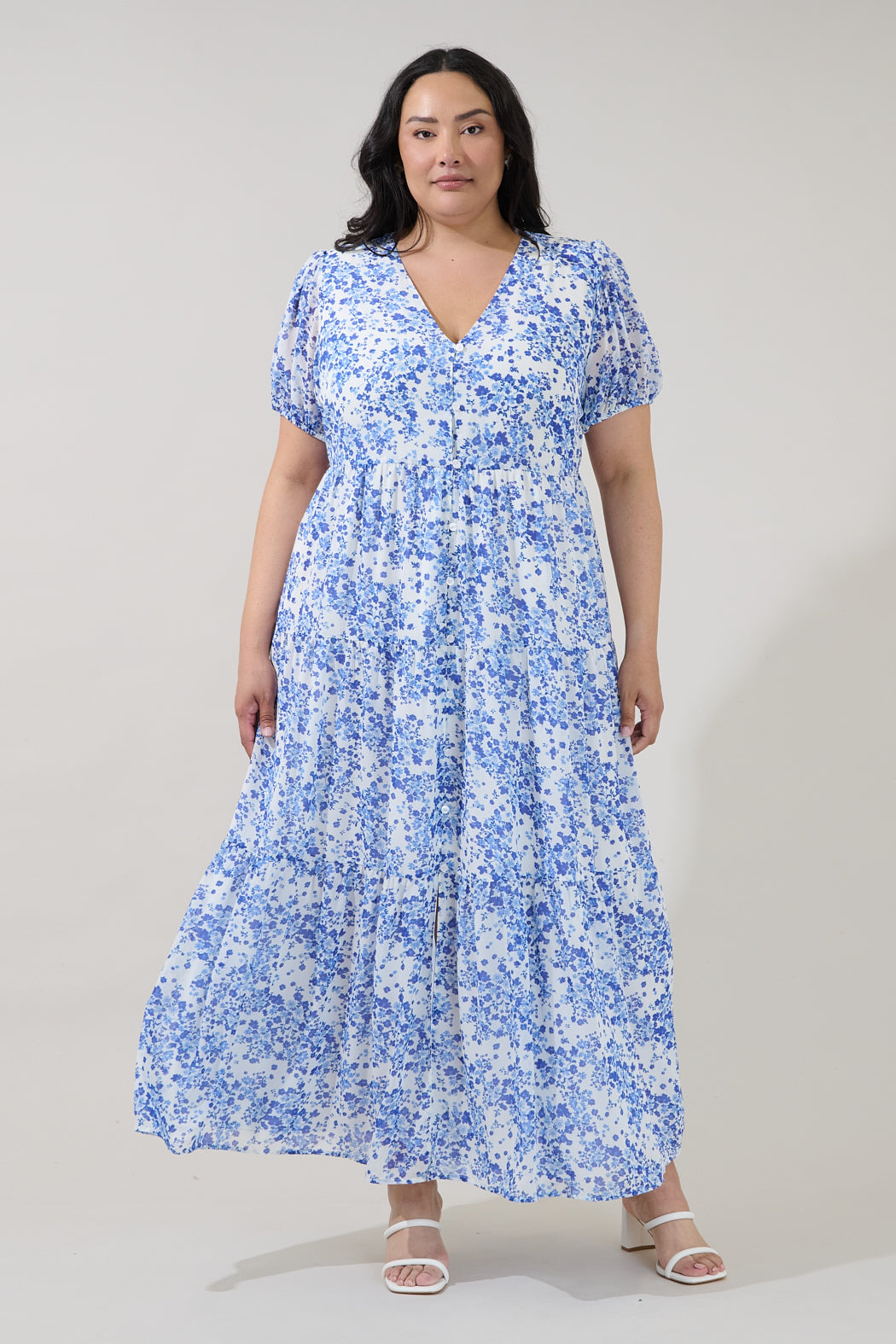 Tiered Maxi Dress Floral Curve WHT-BLUE-MULTI / 1X