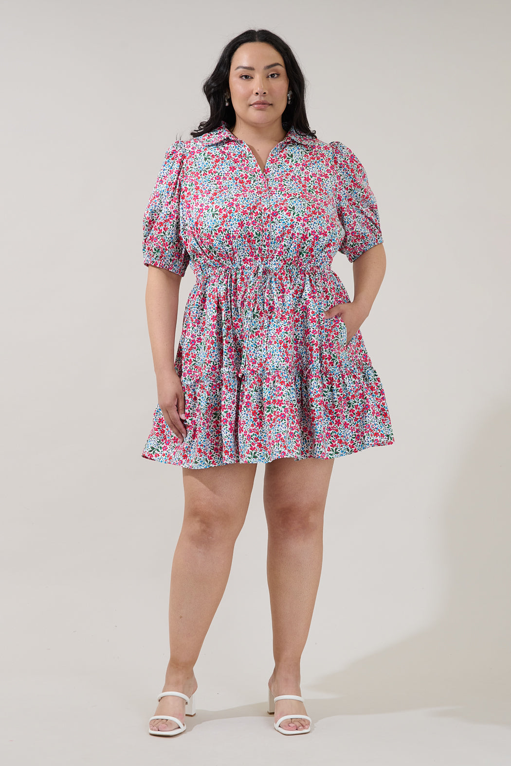 Stacie Button Down Mini Dress Floral Curve WHITE-MULTI-FLORAL / 3X