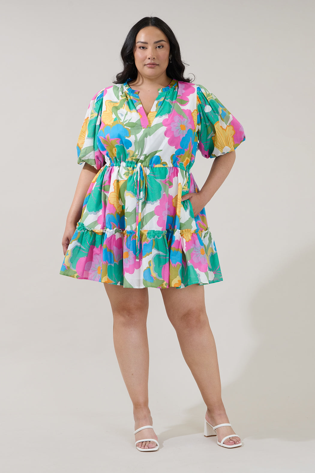 affordable mini dresses Noella Shift Mini Dress Floral Curve WHITE-MULT / 3X by Sugarlips
