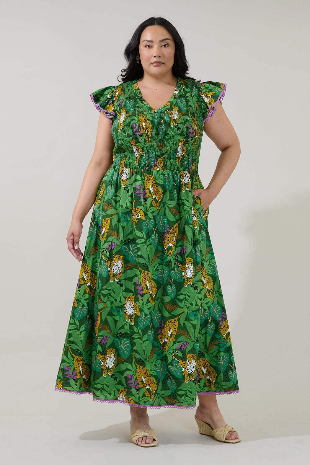 tropical midi dress Black Print Print Midi With Flutter Ruffle Shoulders Tropical Print Short Bubble Sleeves