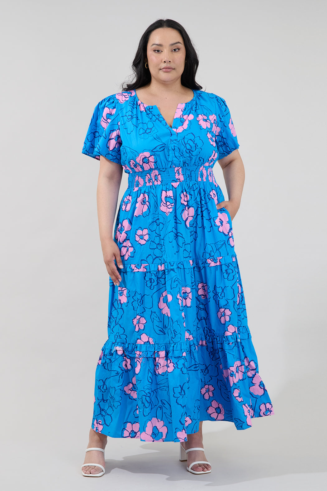 Palmer Poplin Tiered Maxi Dress Cosmic Poppy Curve BLUES-PINK / 1X