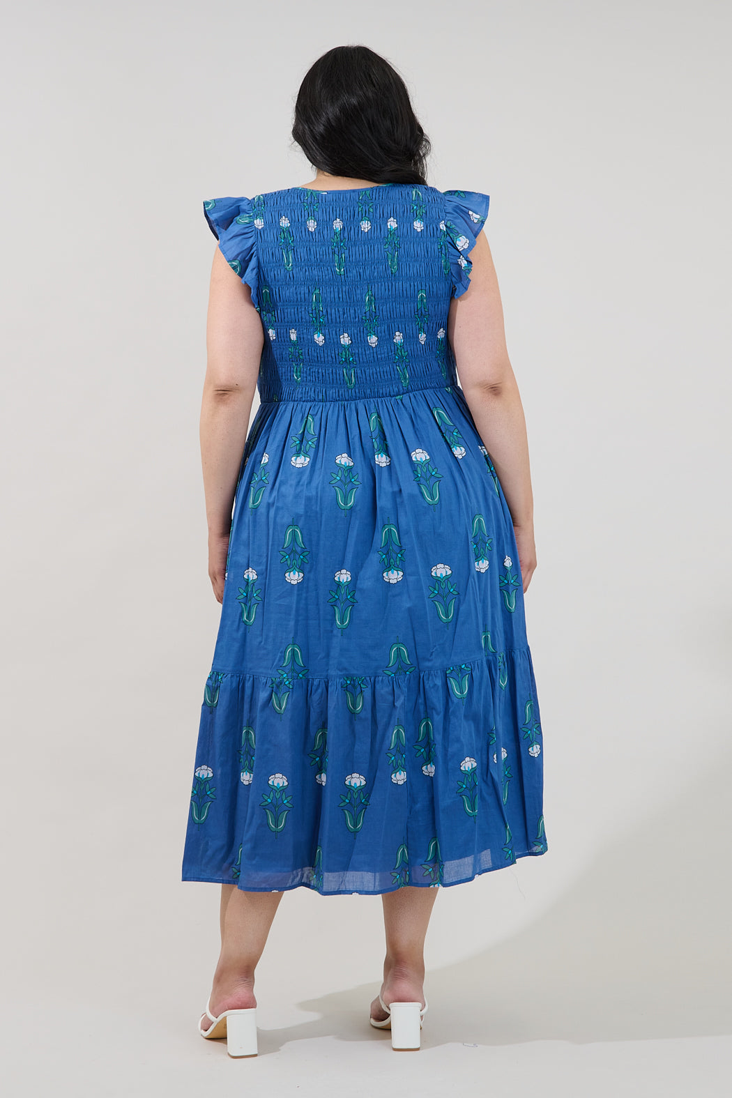 Angie Smocked Tiered Midi Dress Amena Floral Curve TEAL / 1X