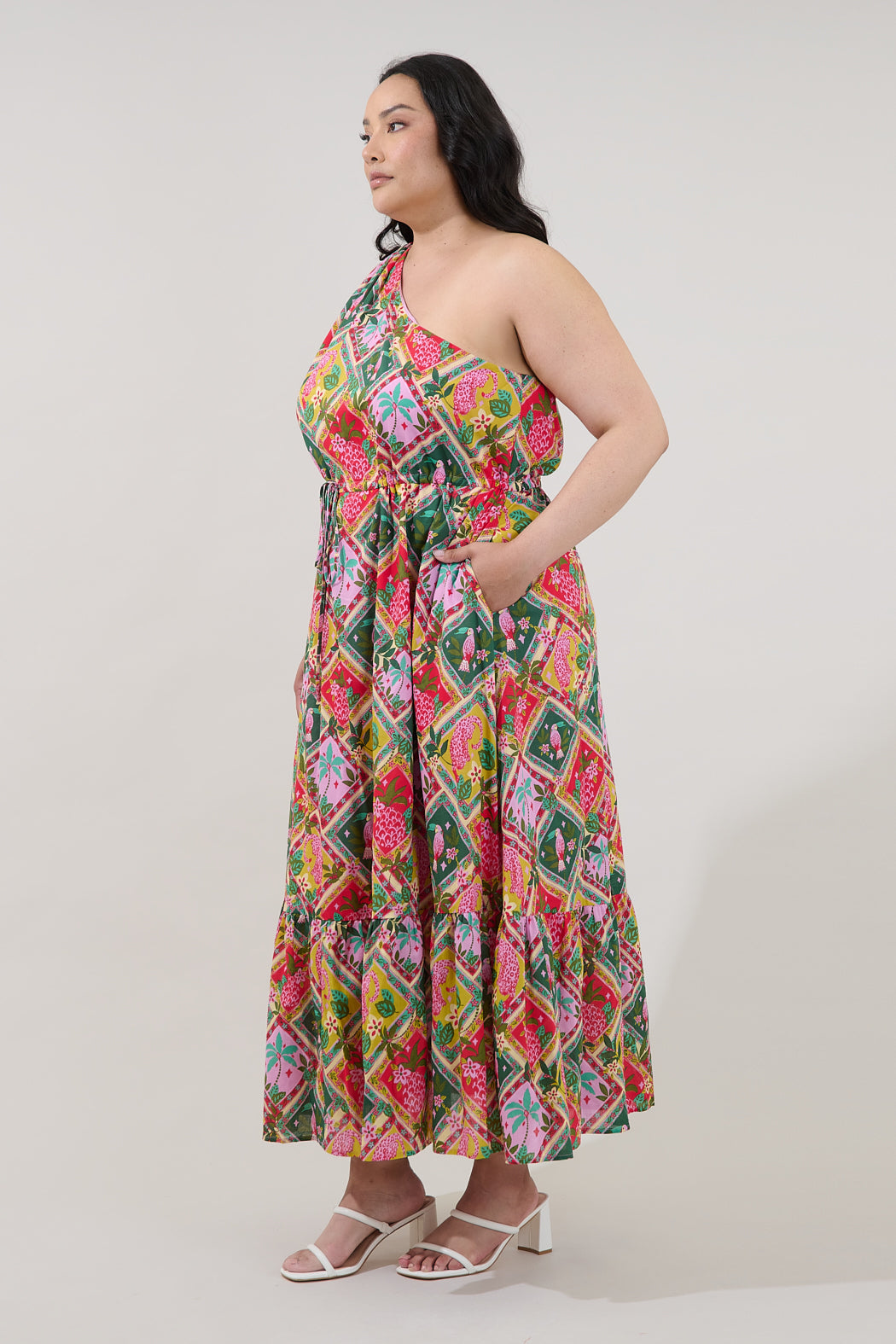 Elya One Shoulder Maxi Dress Tropical Curve GREEN-PINK-CORAL / 2X