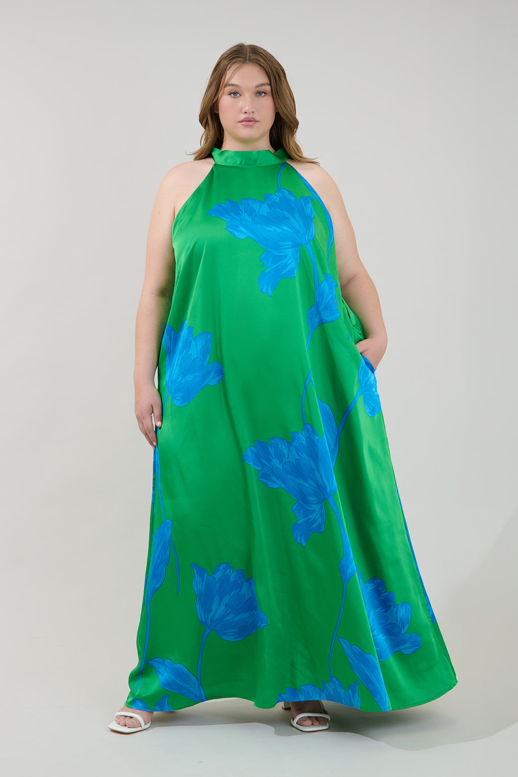casual halter maxi dress Marjan Dove / L cut and brown faux Vixey High Halter Neck Flowy
