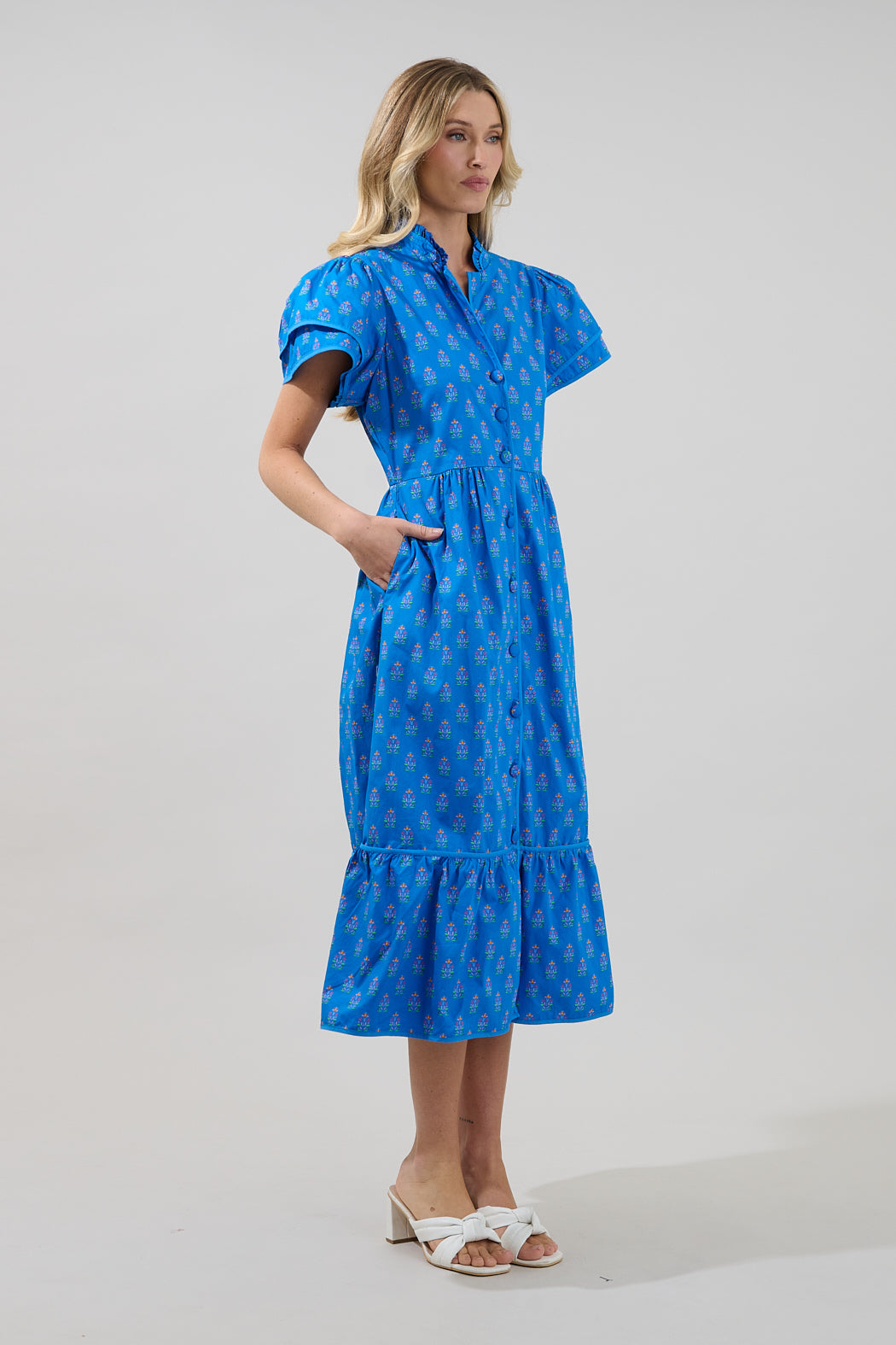 button down dresses midi Square Neck Button Up Denim A line Midi Dress - White