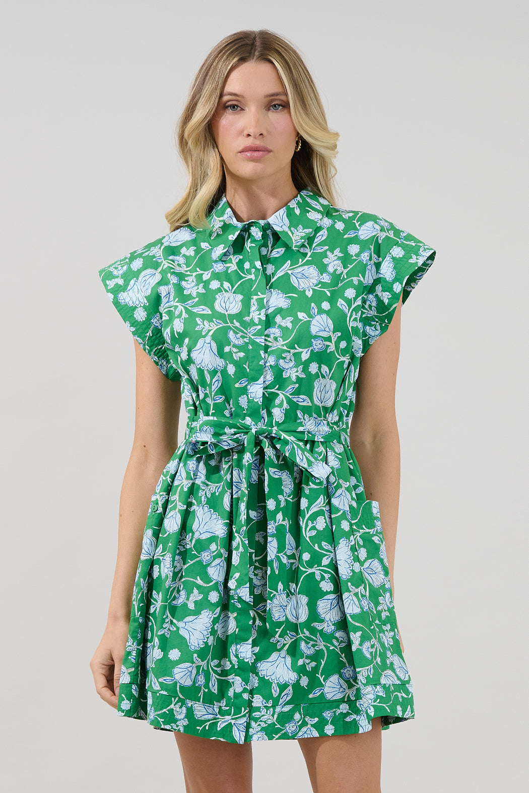 Rocky Button Down Mini Dress Mist Floral GREEN-WHITE / M