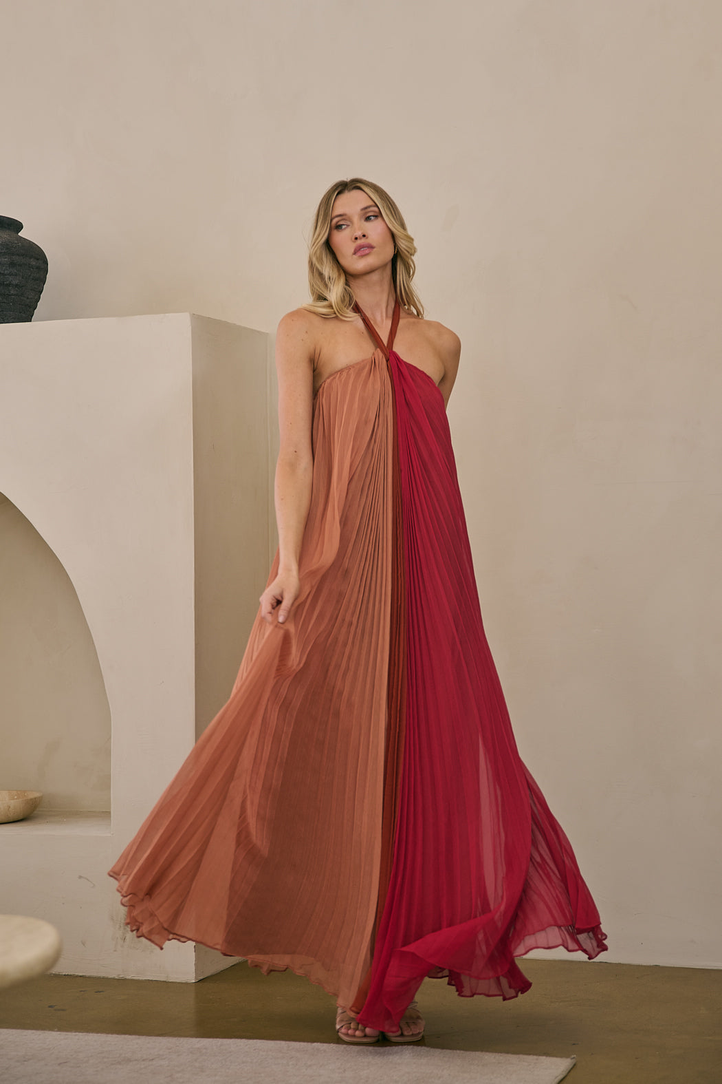 Galena Halter Pleated Maxi Dress BROWN-MULTI / L