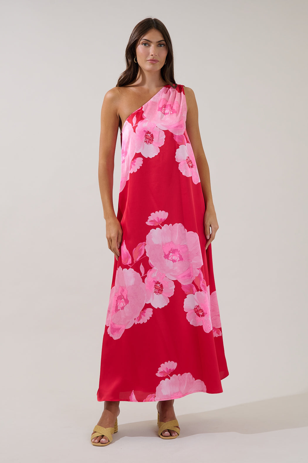 red and pink floral one shoulder dress Pretty Lavish chiffon one shoulder scarf neck maxi dress in red floral