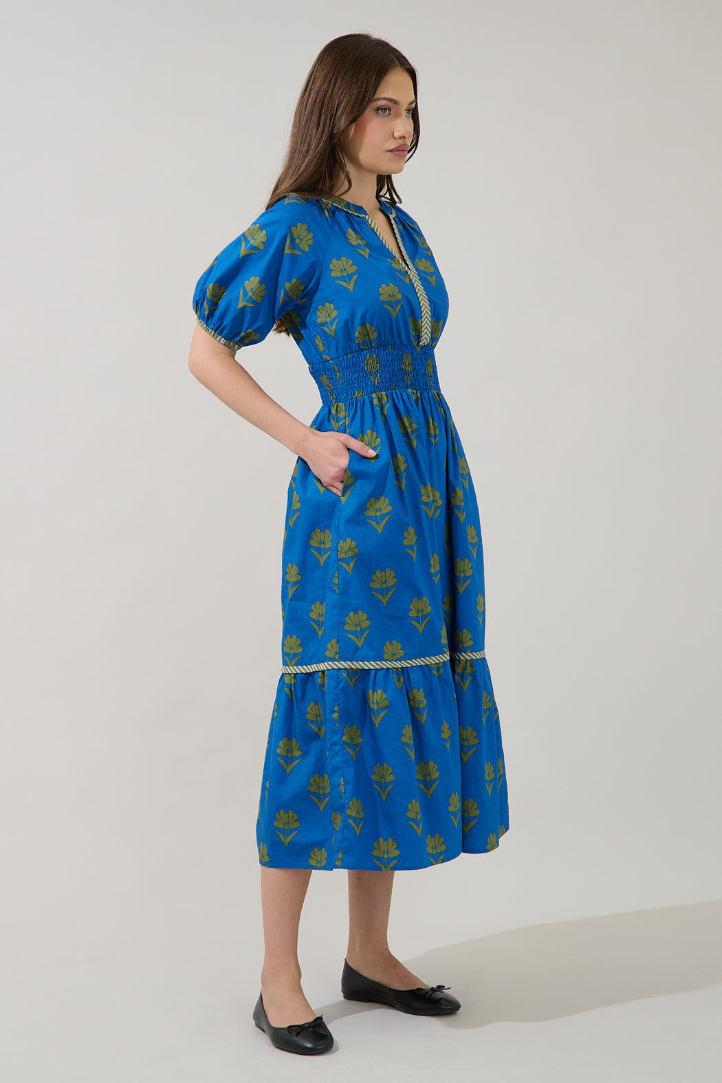 Jara Puff Sleeve Midi Dress Countryside NAVY-OLIVE / S