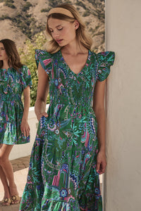 Vesper Geo Sunfire Tiered Midi Dress