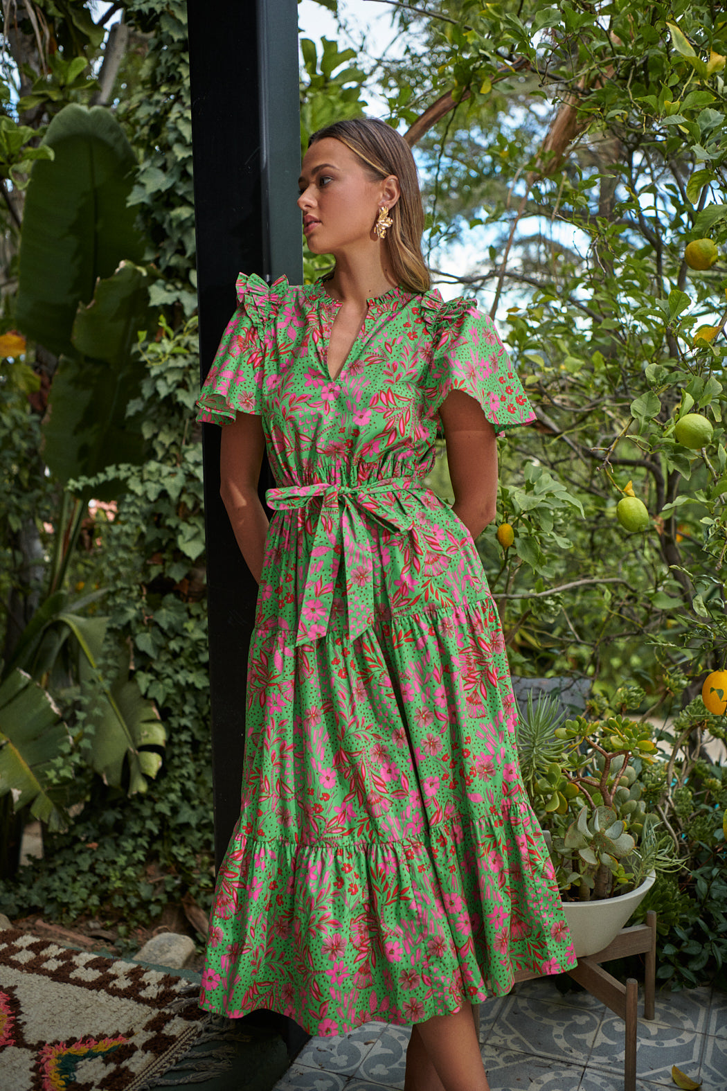 Jade Floral Escondido Tiered Shift Midi Dress KELLY-RED-PINK / L by Sugarlips Jade Floral Escondido Tiered Shift Midi Dress KELLY-RED-PINK / L by Sugarlips