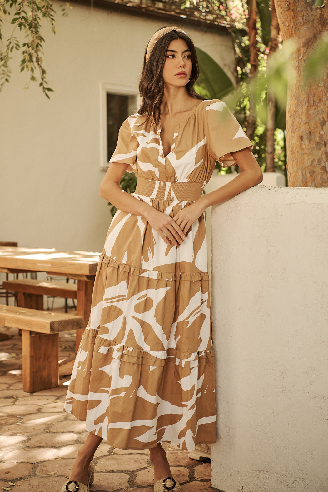 Hazel Abstract Palmer Poplin Tiered Maxi Dress CAMEL-MULTI / S by Sugarlips Hazel Abstract Palmer Poplin Tiered Maxi Dress CAMEL-MULTI / S by Sugarlips