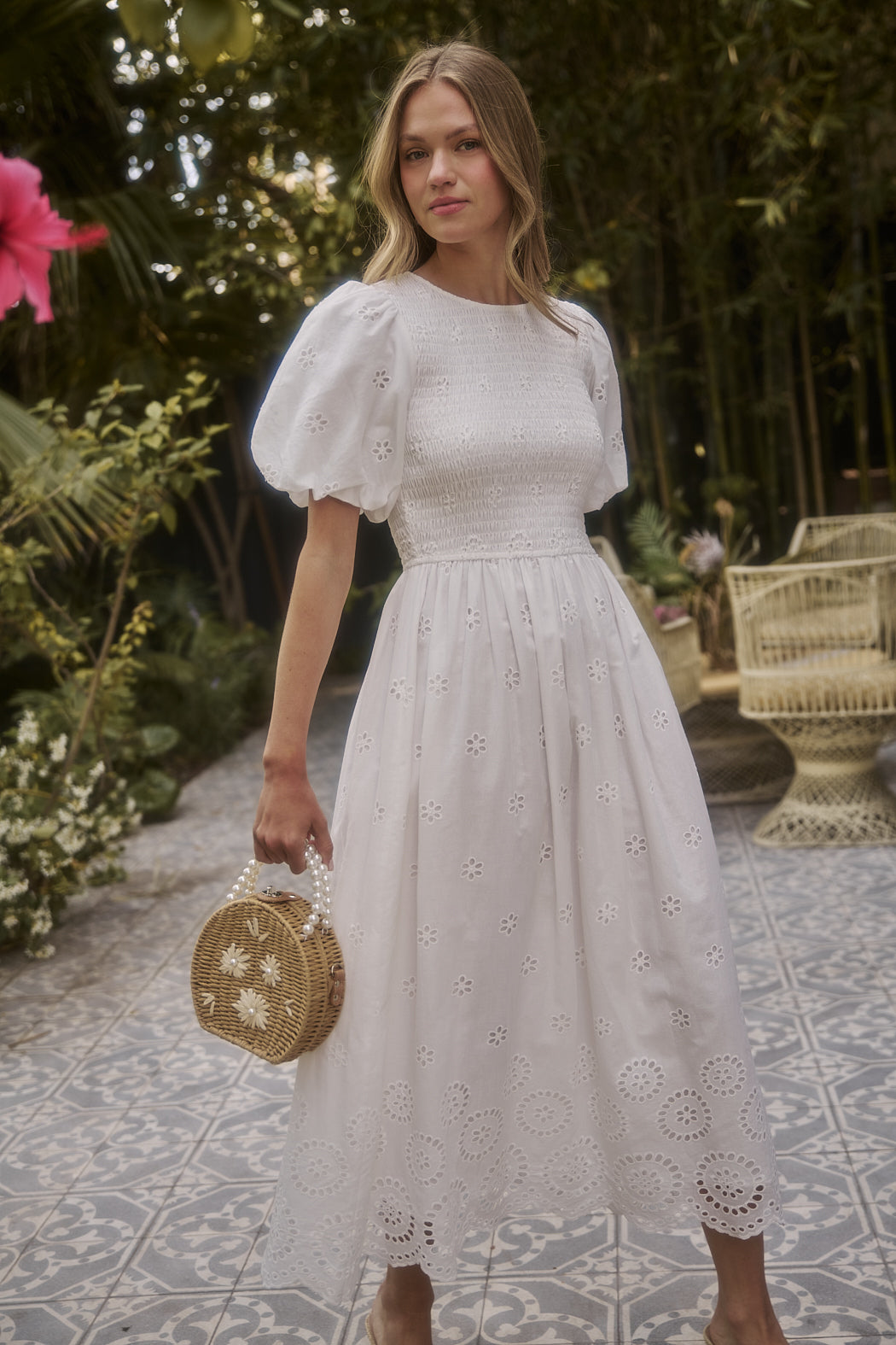 white smocked midi dress Ivory Smocked Top 3/4 Sleeve Midi Dress