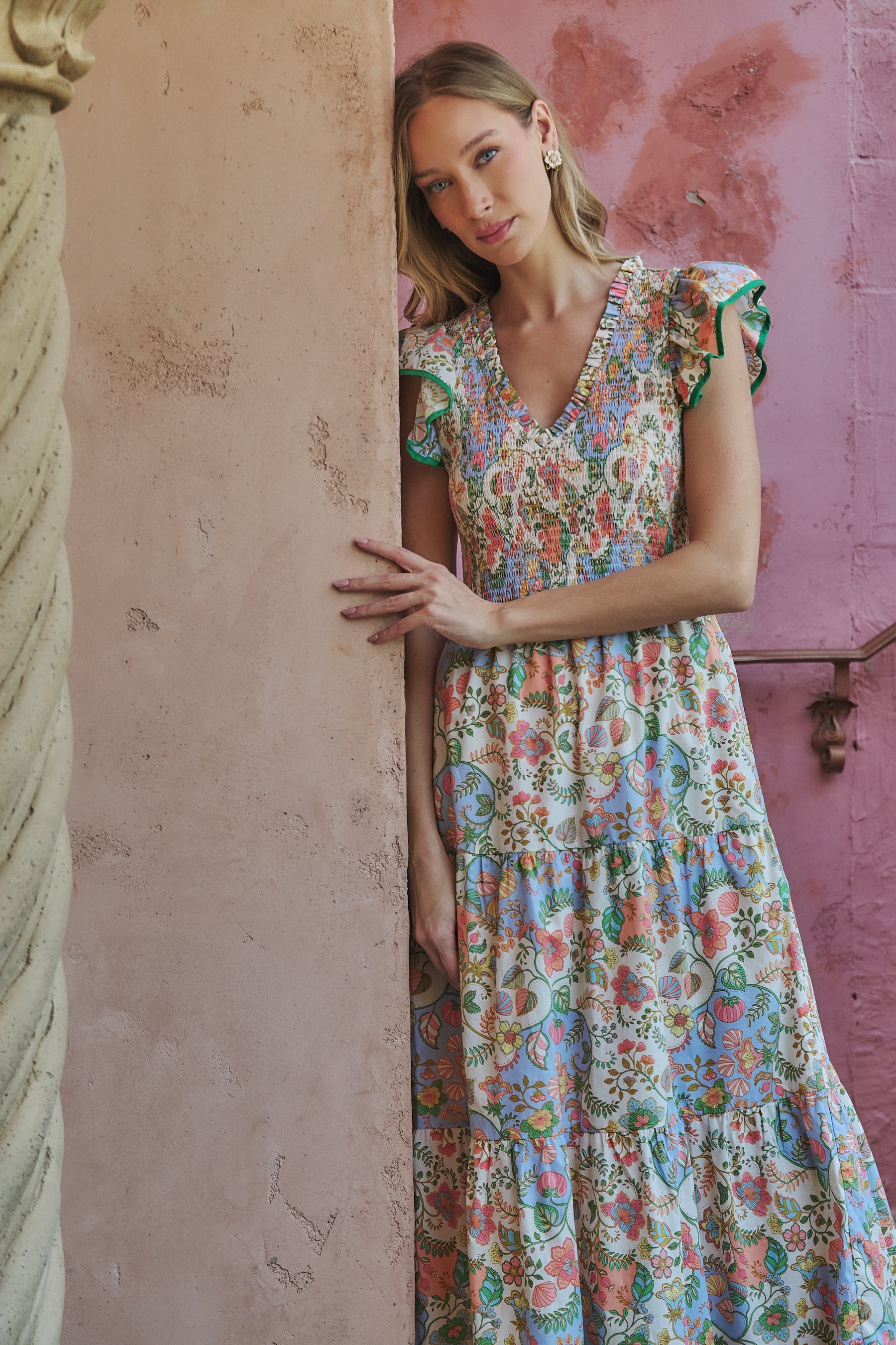 spring midi dresses Sunfire Tiered Midi Dress Zamara Floral CRM-YELL-MUL / M by Sugarlips