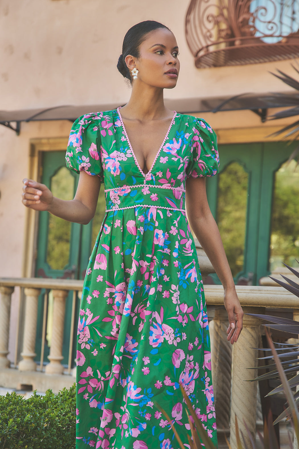 Jaylene Pleated Maxi Dress Denavi Floral GRN-PINKS / XS