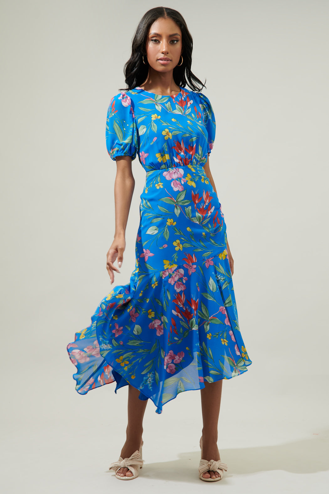 Fiona Floral Balboa Asymmetrical Midi Dress COBALT-COMBO / S by Sugarlips Fiona Floral Balboa Asymmetrical Midi Dress COBALT-COMBO / S by Sugarlips