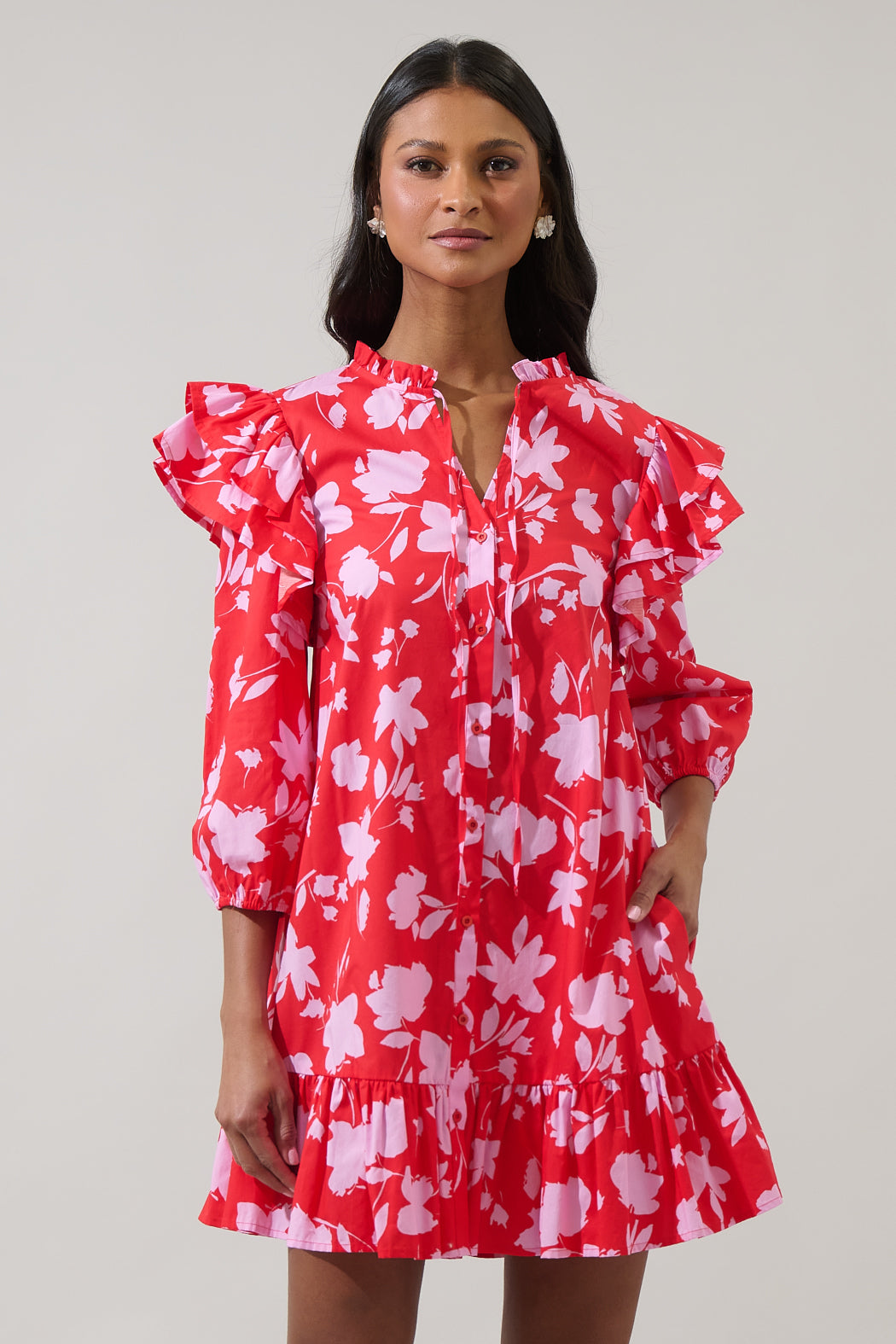 Sunset Floral Sammy Ruffle Drop Waist Dress RED-PINK MULTI / L by Sugarlips Sunset Floral Sammy Ruffle Drop Waist Dress RED-PINK MULTI / L by Sugarlips