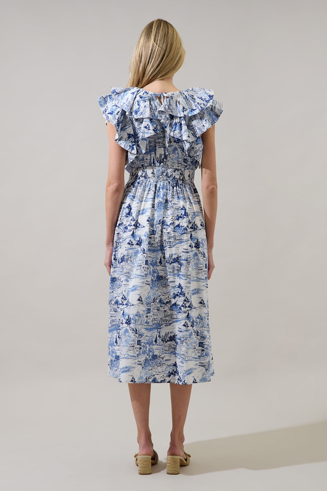 Francine Toile Sky Santana Tie Back Midi Dress WHT-BLUE / XS by Sugarlips Francine Toile Sky Santana Tie Back Midi Dress WHT-BLUE / XS by Sugarlips