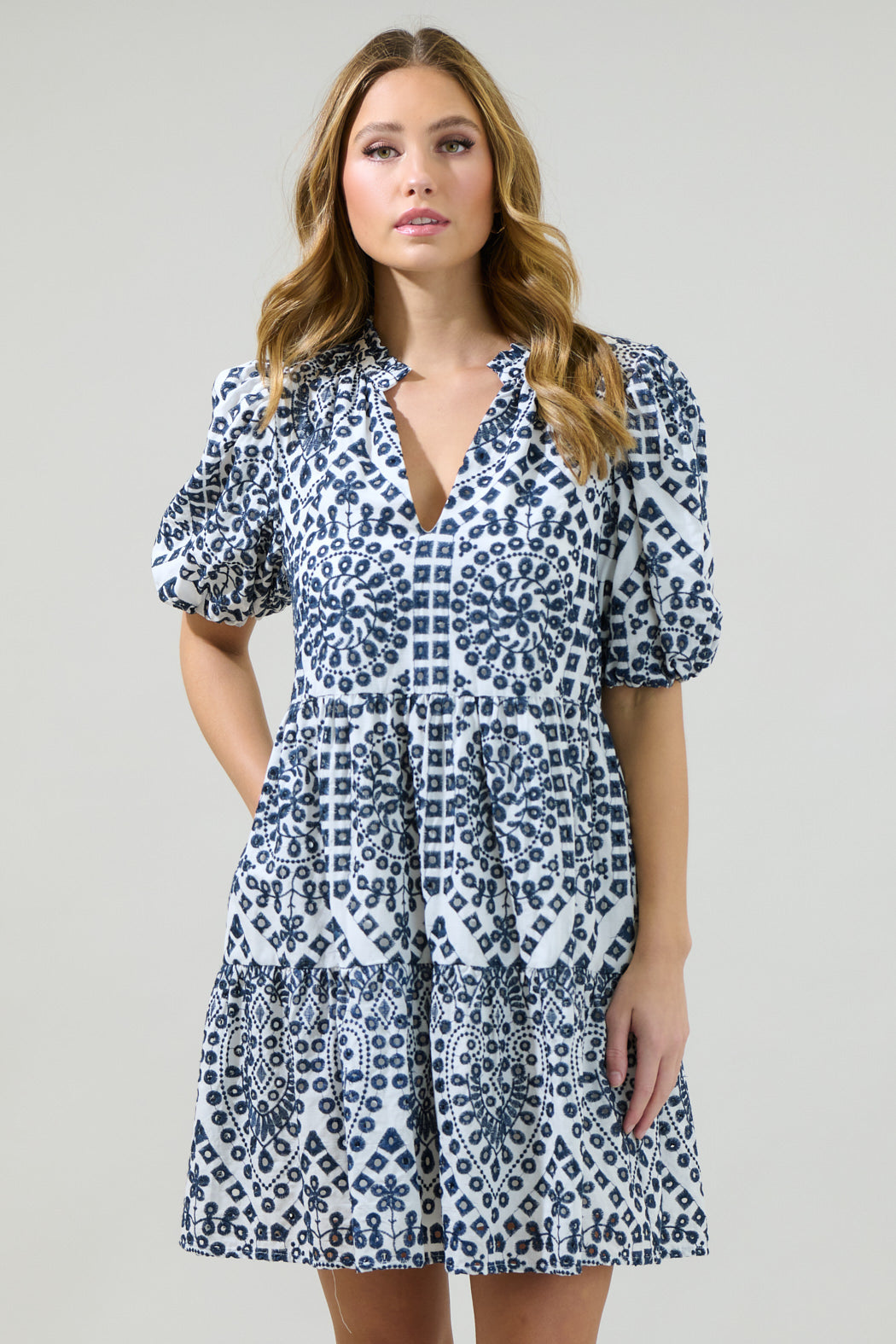 At Sea Jacey Babydoll Eyelet Mini Dress BLUE-KELLY / L by Sugarlips At Sea Jacey Babydoll Eyelet Mini Dress BLUE-KELLY / L by Sugarlips