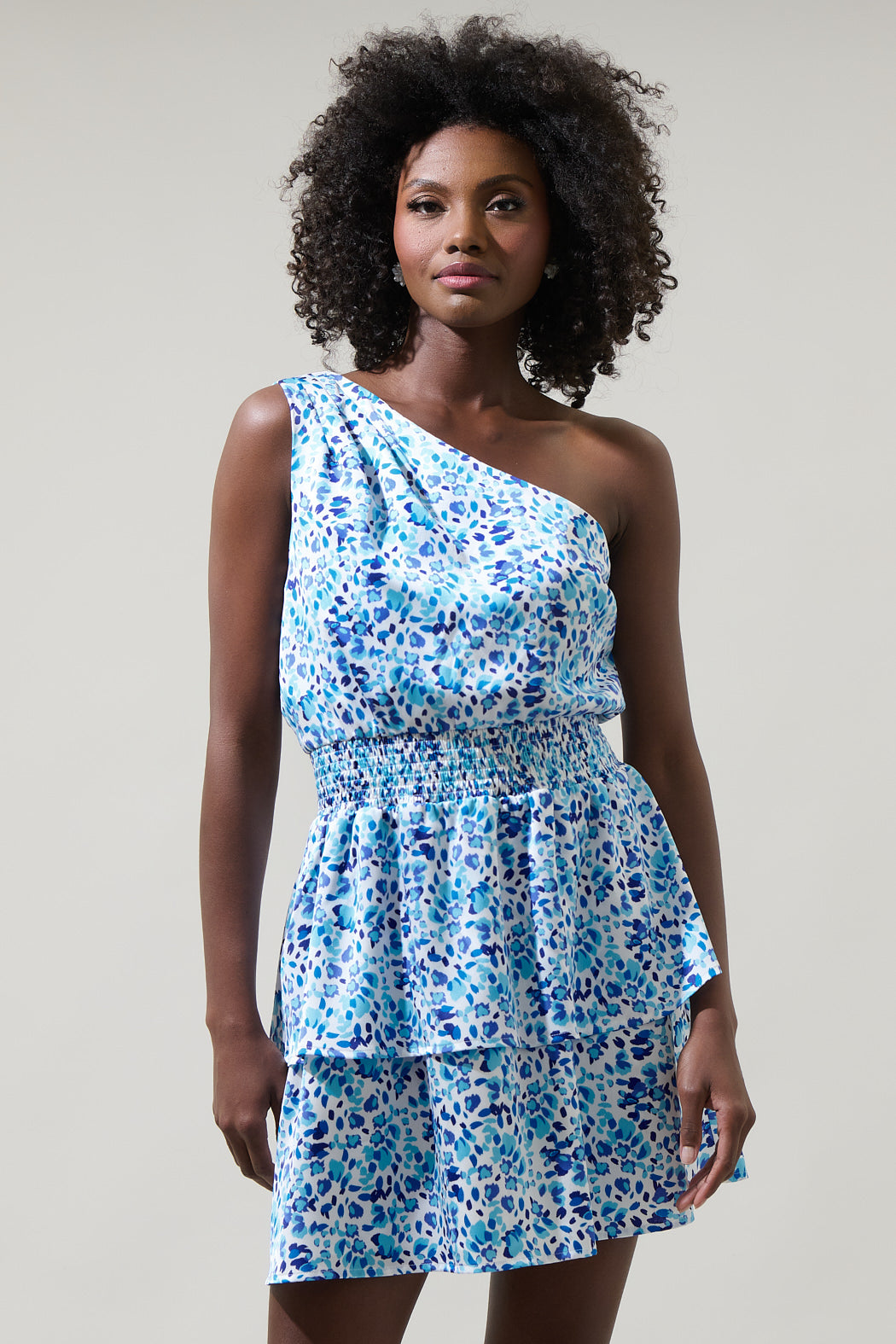 Dew Drop Satin Show Off One Shoulder Mini Dress WHT-BLUES / XS by Sugarlips Dew Drop Satin Show Off One Shoulder Mini Dress WHT-BLUES / XS by Sugarlips